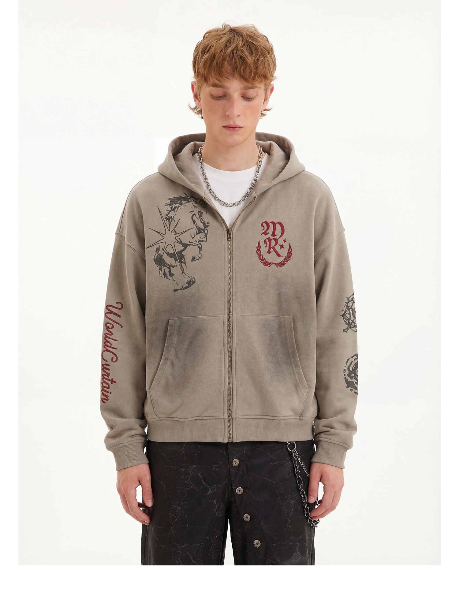 Distressed Horse Print Zip Up Hoodie