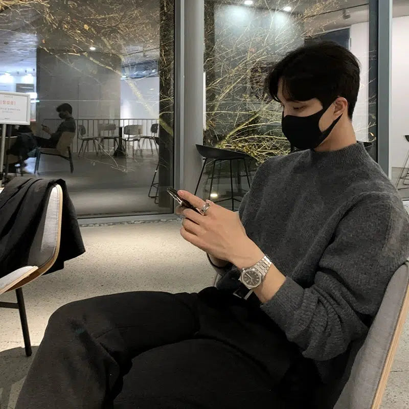 Half-Turtleneck Pleated Stretch Sweater