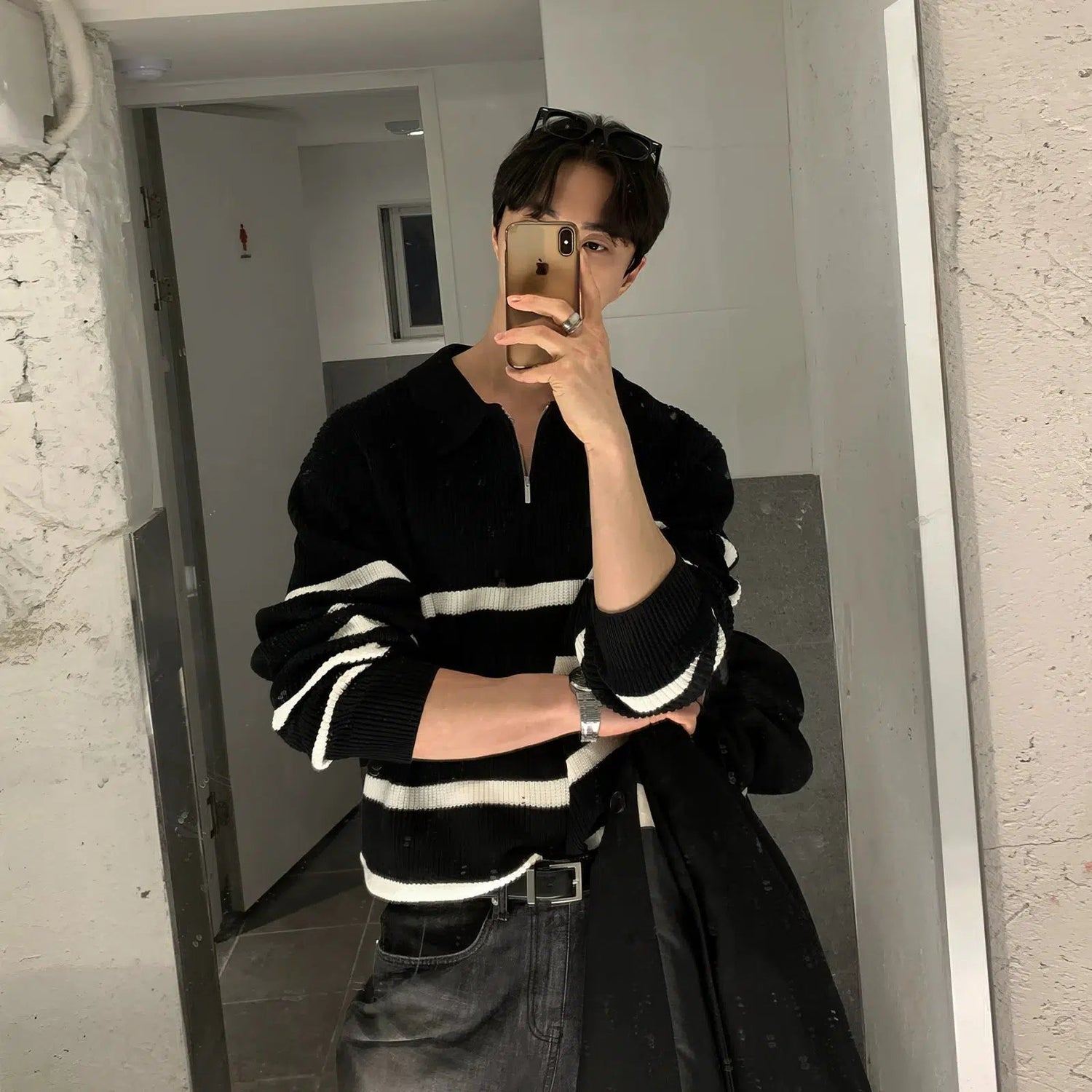 Half-zip Lapel Striped Sweater