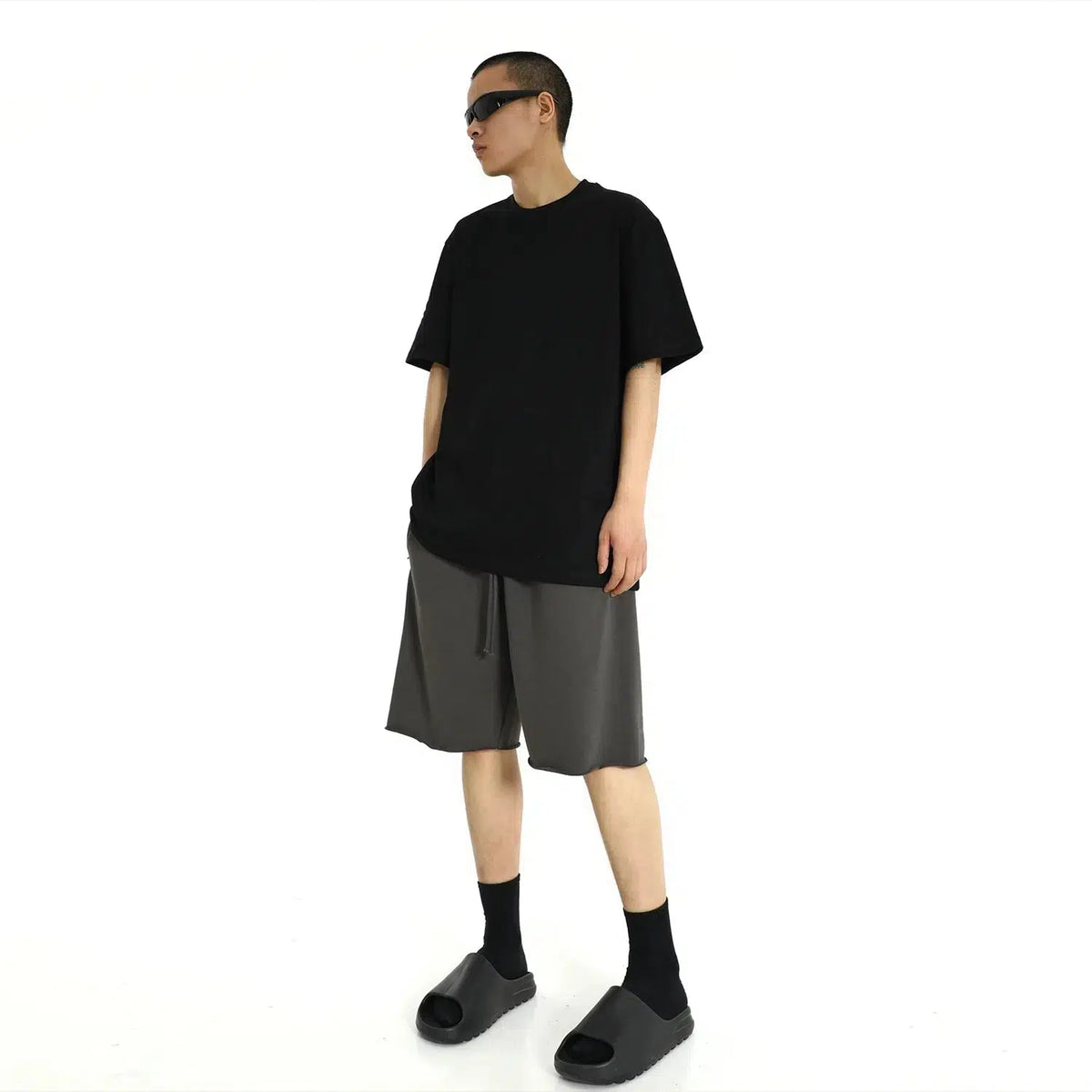 Washed Drawstring Waist Raw Edge Shorts