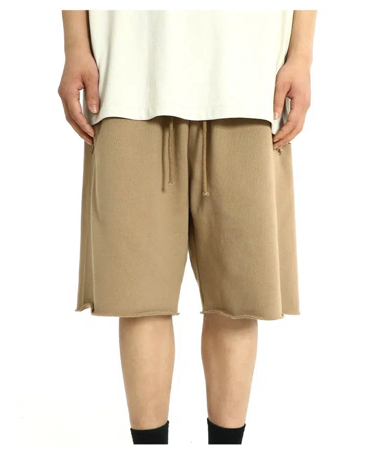 Washed Drawstring Waist Raw Edge Shorts