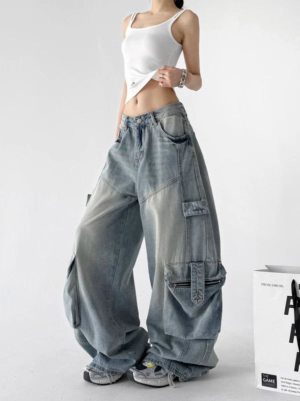 Wide Leg Denim Cargo Pants 2