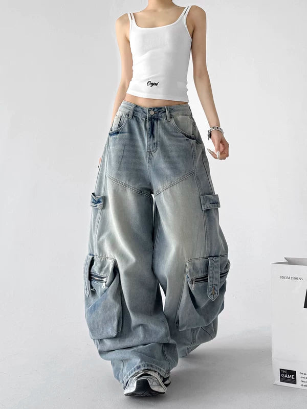 Wide Leg Denim Cargo Pants 4