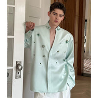 Beaded Satin Stand Collar Shirt