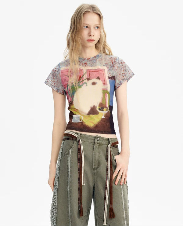 Cat Mural Print Lightweight Short-Sleeve T-Shirt 1