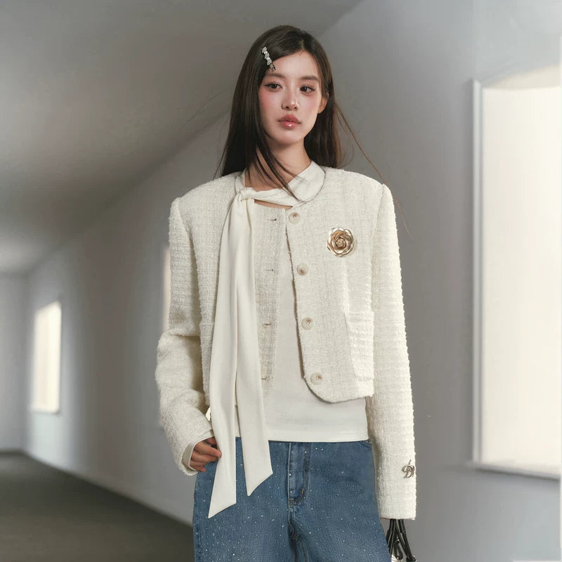 Classic Textured Round Neck Short Cardigan 3