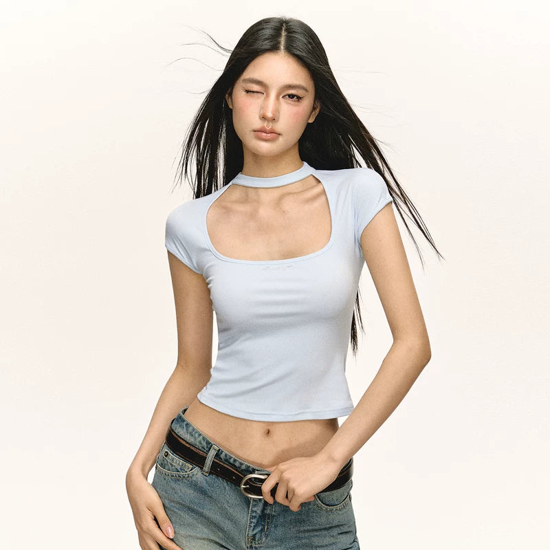 6200588143255,6200588143256,6200588143257,6200588143258, Cutout Neck Short Sleeve Crop Top