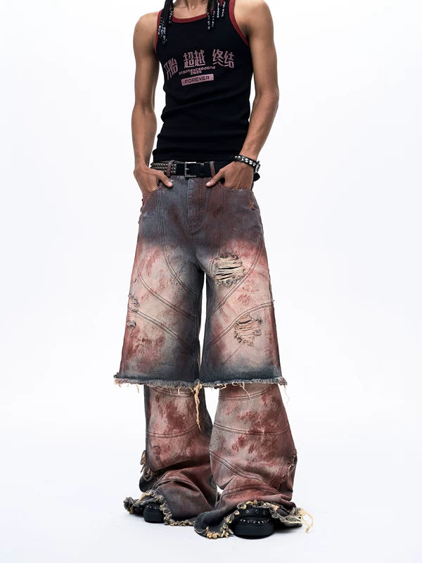 Distressed Faux Two-Piece Wide Leg Pants 1