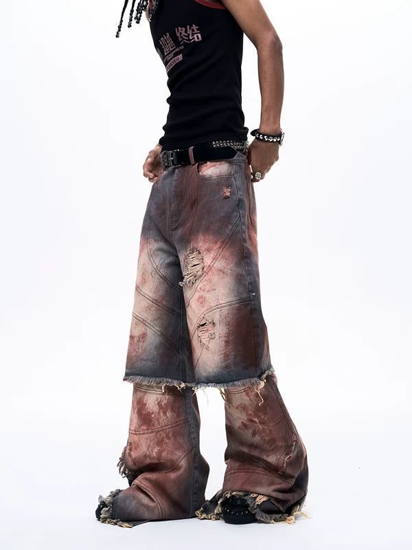 Distressed Faux Two-Piece Wide Leg Pants 2