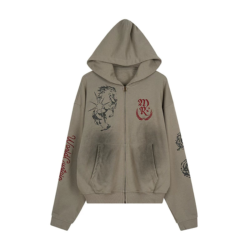 6189968627415,6189968627416,6189968627417, Distressed Horse Print Zip Up Hoodie