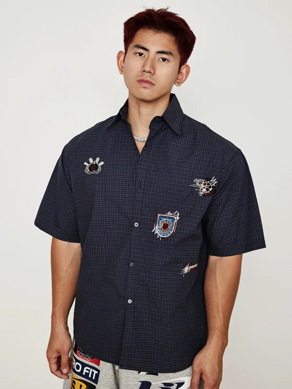 Embroidered Plaid Short Sleeve Casual Shirt 1