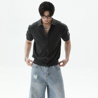 라펠 버튼 니트 반팔 카디건 