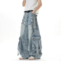 Çok Cepli Geniş Paça Kargo Jean Pantolon 