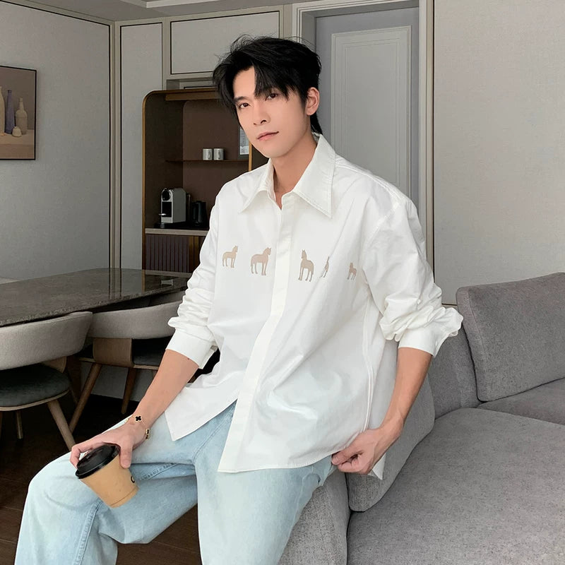 6048968100275,6048968100276,6048968100277,6048968100278, Horse Print Long Sleeve Casual Shirt