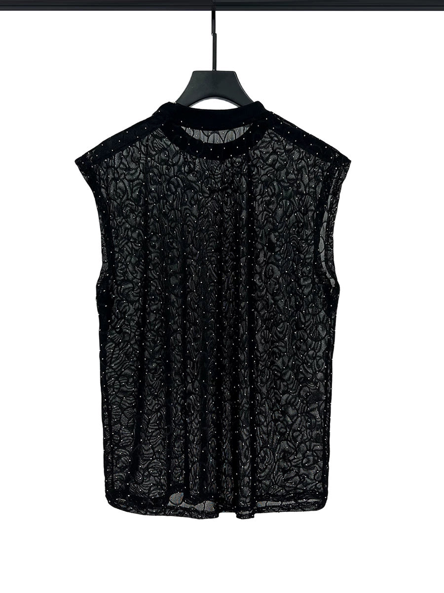 Gilet sans manches transparent en mesh avec strass 