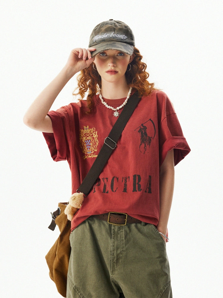 Camiseta Vintage Solta de Manga Curta Bordada 