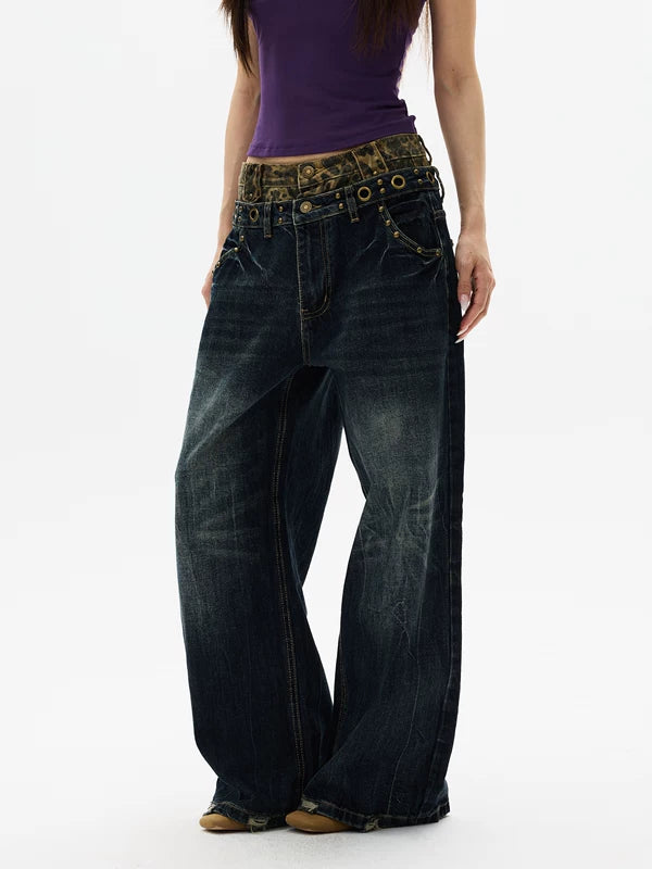 Calças de perna larga de cintura dupla com estampa de leopardo 