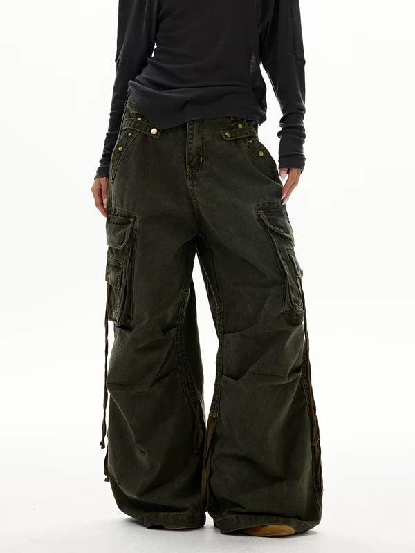 Calças Cargo Punk de Perna Larga Retrô 