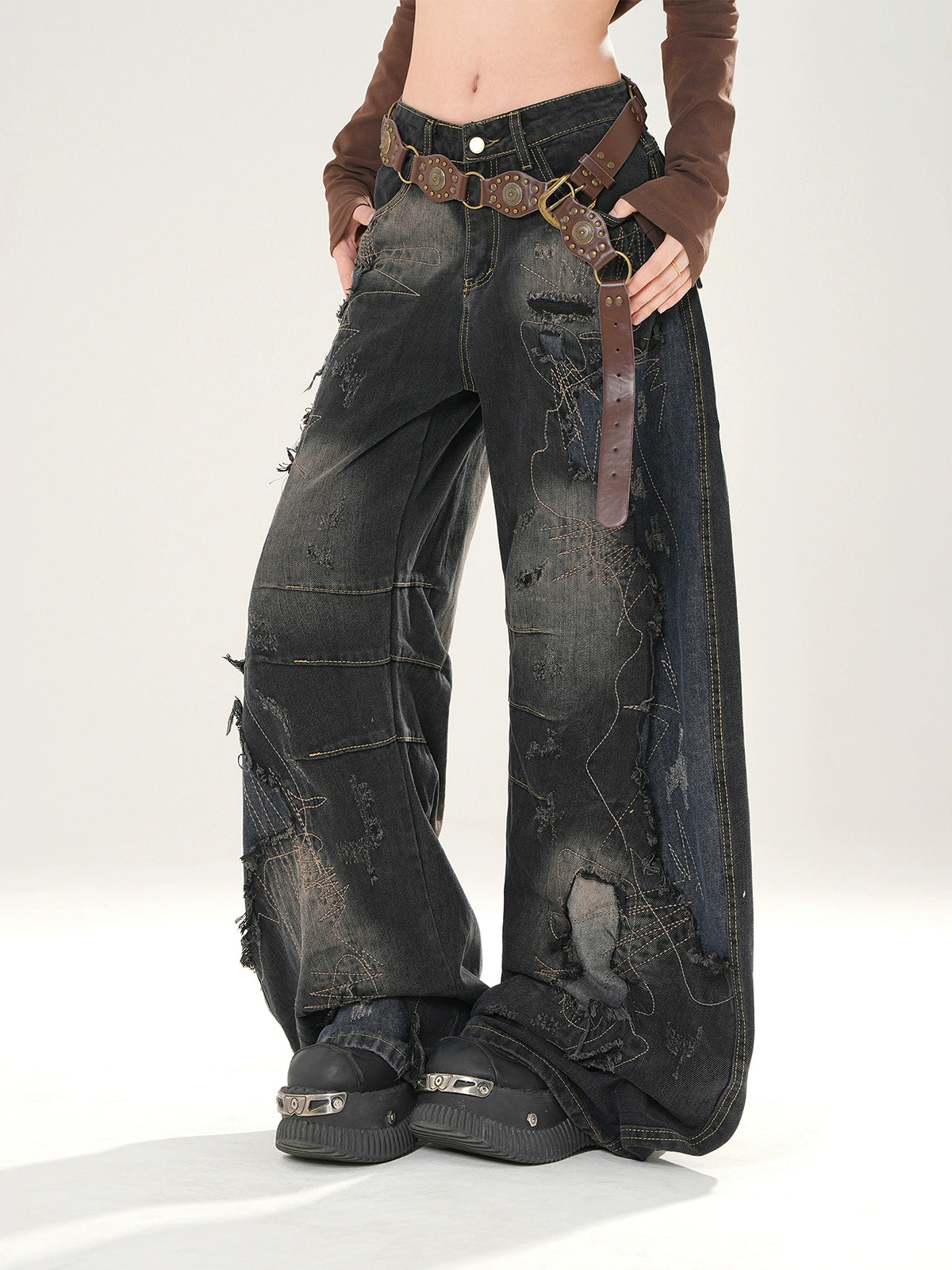 Ripped Wide Leg Patchwork Jeans