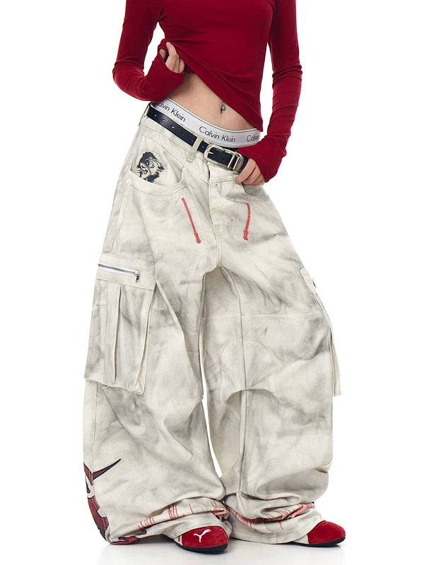 ダメージ加工ワイドレッグカーゴワークパンツ 