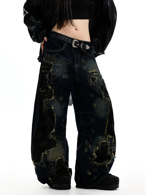 Calças Jeans de Largura Larga em Patches Desgastados 