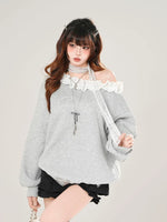 1627207:28334,5934028141410,1627207:28334,5934028141414,1627207:28334,5934028141412,5934028141410,5934028141414,5934028141412, Lace Trim Off-Shoulder Pullover Sweatshirt
