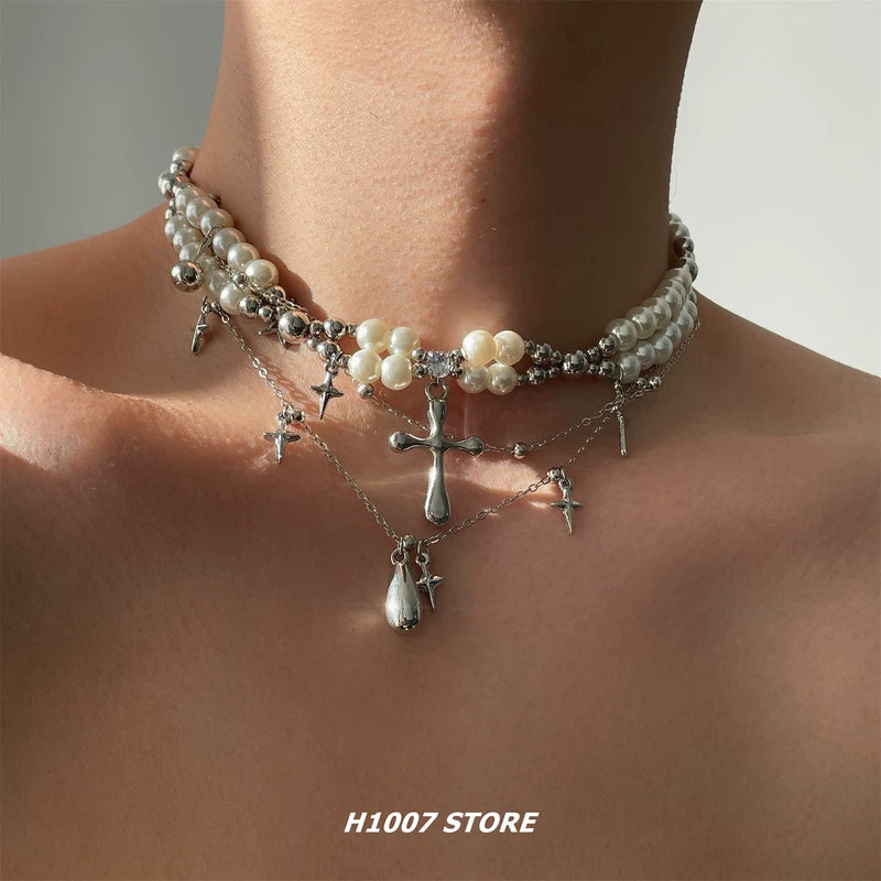 Layered Pearl Cross Teardrop Pendant Necklace 3
