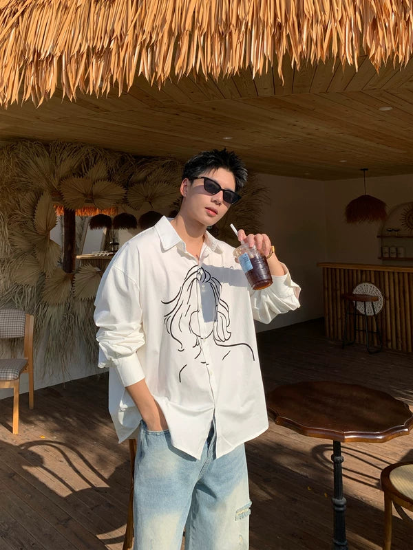 Long Sleeve Streetwear Shirt With Line Art 4