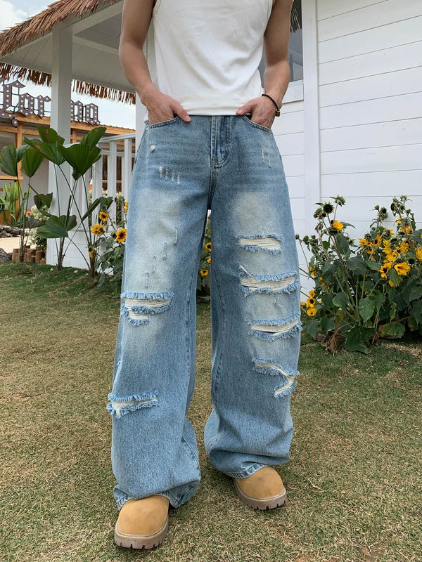 Loose Wide-Leg Distressed Streetwear Jeans Pants 3
