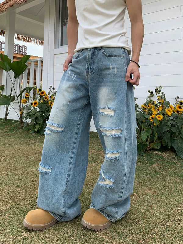 Loose Wide-Leg Distressed Streetwear Jeans Pants 4