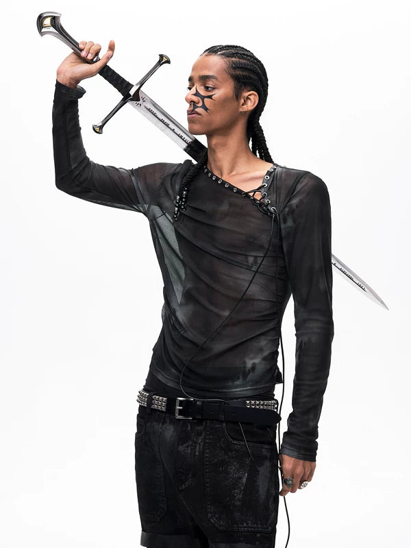 Mesh Tie-Dye Long Sleeve Slim T-Shirt 1