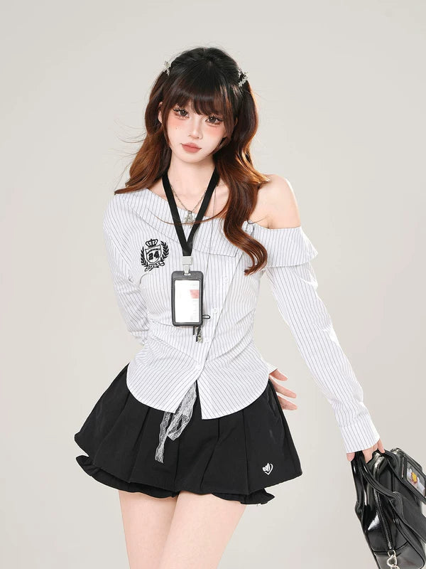 1627207:21646152,5932709584340,1627207:21646152,5932709584342,1627207:21646152,5932709584341,5932709584340,5932709584342,5932709584341, Off-Shoulder Striped Long Sleeve Shirt