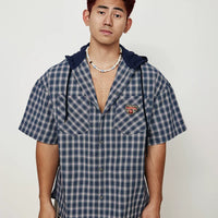 Plaid Hooded Short-Sleeve Button Shirt