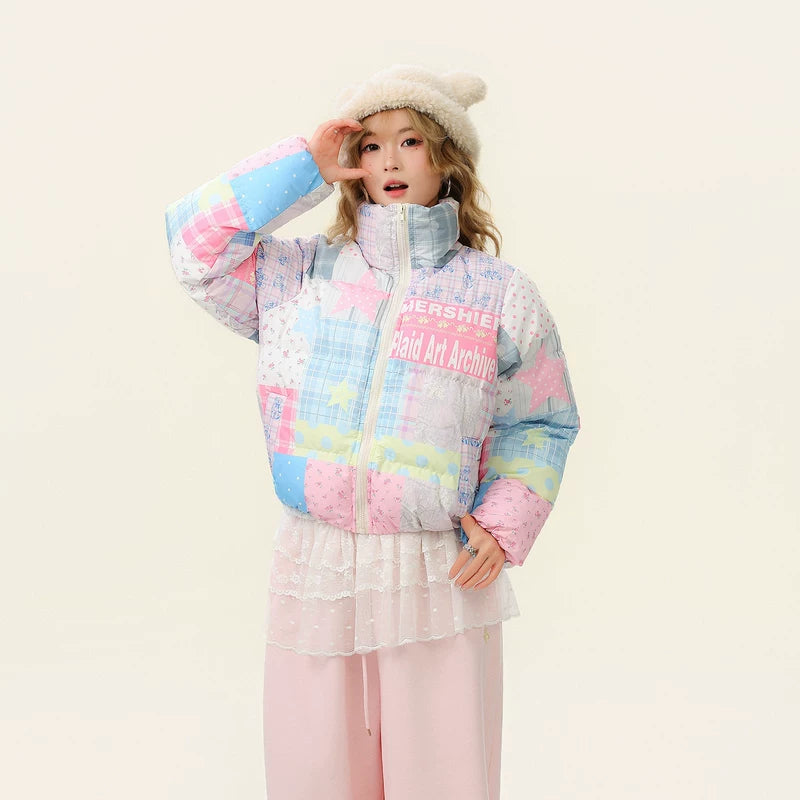 Plaid Patchwork Puffer Jacket with Stand Collar 4