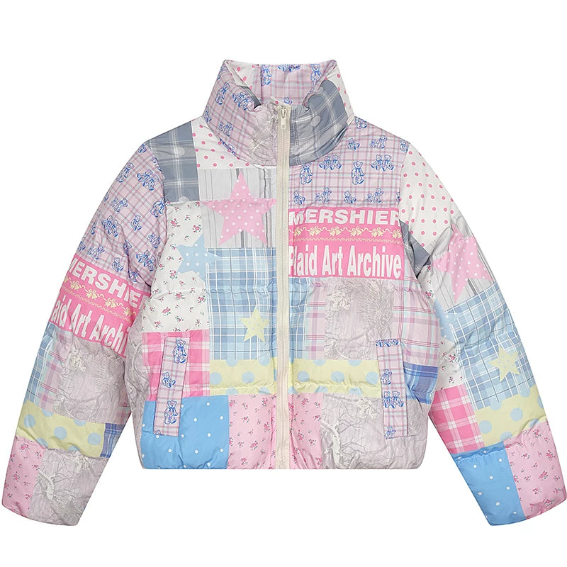 Plaid Patchwork Puffer Jacket with Stand Collar 5