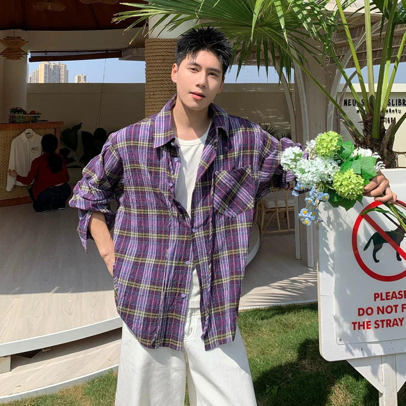 6210906886130,6210906886131,6210906886132,6210906886133, Relaxed Plaid Long Sleeve Streetwear Shirt