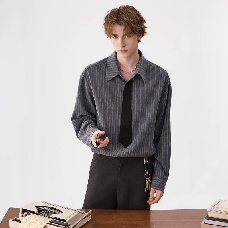 Retro Striped Faux Tie Long-Sleeve Shirt 4