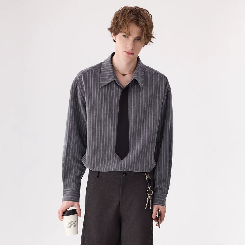 ,1627207:3232478,6012633849766,1627207:3232478,6012633849767,1627207:3232478,6012633849768,1627207:3232478,6012633849769,6012633849766,6012633849767,6012633849768,6012633849769, Retro Striped Faux Tie Long-Sleeve Shirt