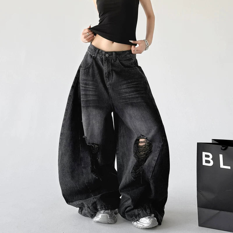 6046277980620,6046277980621,6046277980622,6046277980623, Ripped Wide Leg Loose Fit Denim Pants