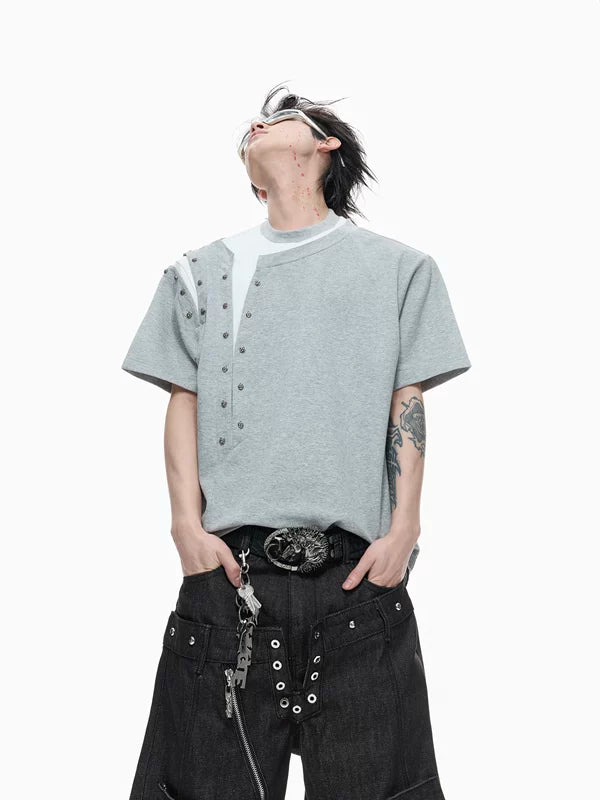 Rivet Detail Faux Layered Short-Sleeve T-Shirt 2