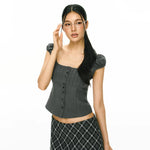 6040691348493,6040691348494,6040691348495,6040691348496, Short-Sleeve Button Front Fitted Top