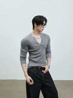 Slim Fit V-Neck Henley Knit T-Shirt 2