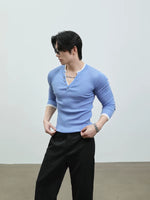 Slim Fit V-Neck Henley Knit T-Shirt 3