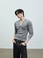 Slim Fit V-Neck Henley Knit T-Shirt 5
