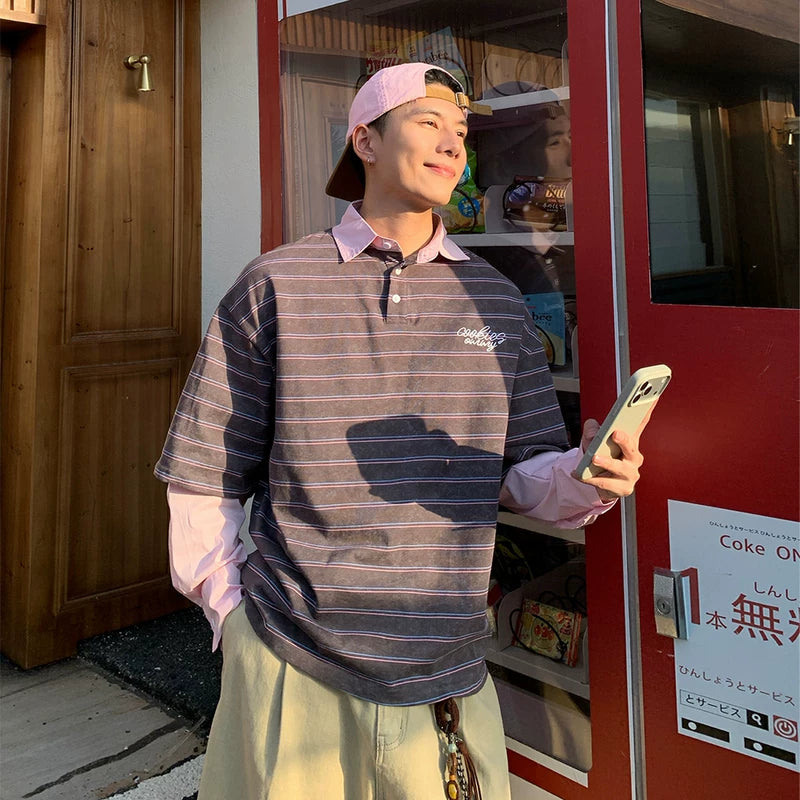 6211441955505,6211441955506,6211441955507, Striped Faux Layered Polo Collar T-Shirt