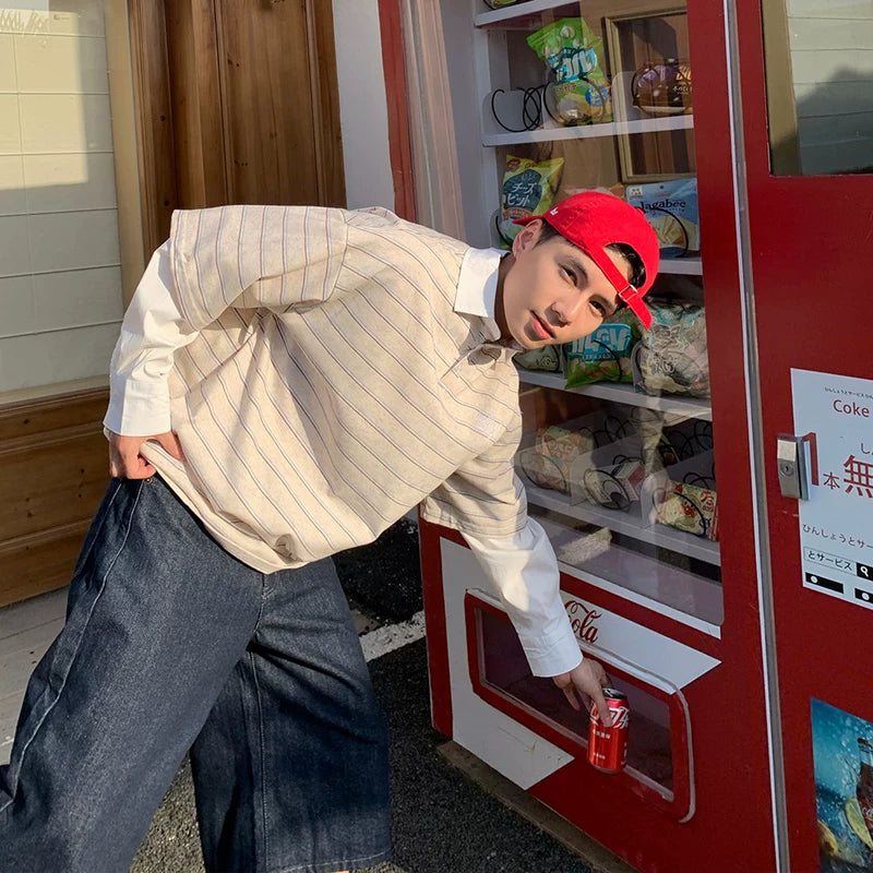 6211441955508,6211441955509,6211441955510, Striped Faux Layered Polo Collar T-Shirt