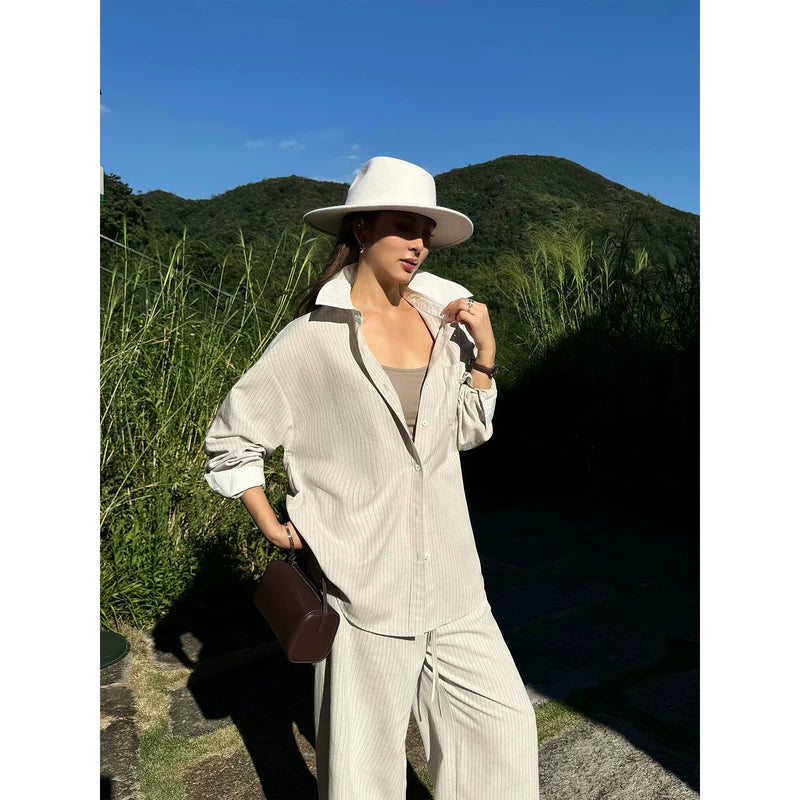 Striped Long-Sleeve Shirt and Wide-Leg Pants 2