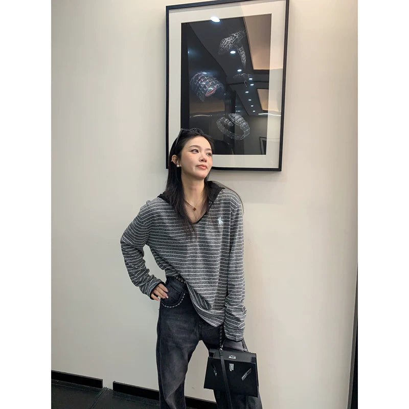 6210148983510,6210148983511,6210148983512, Striped V-Neck Long-Sleeve Pullover Shirt