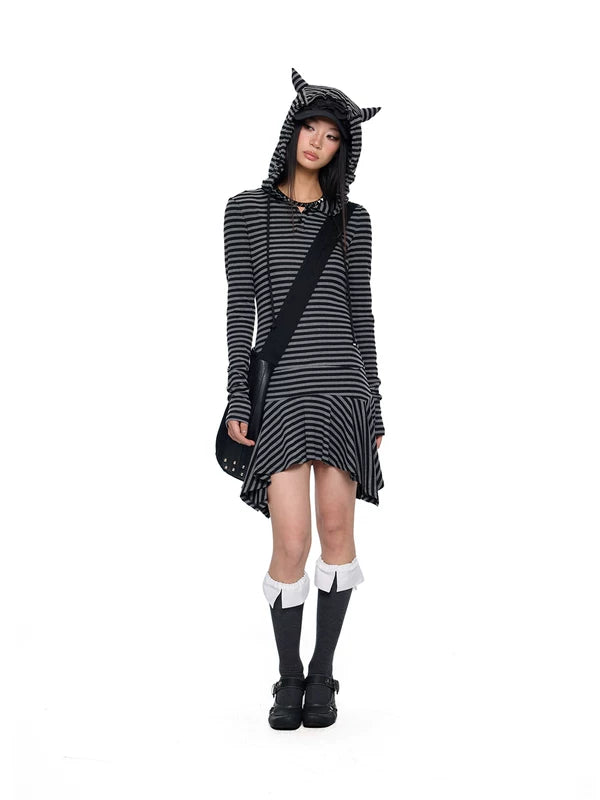 Striped Y2K Hooded Skater Dress 5