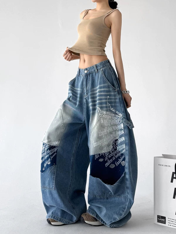 Wide Leg Graffiti Print Denim Pants 2